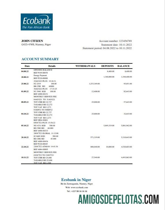 Extrato bancário do Níger Ecobank em branco modelo Excel e PDF